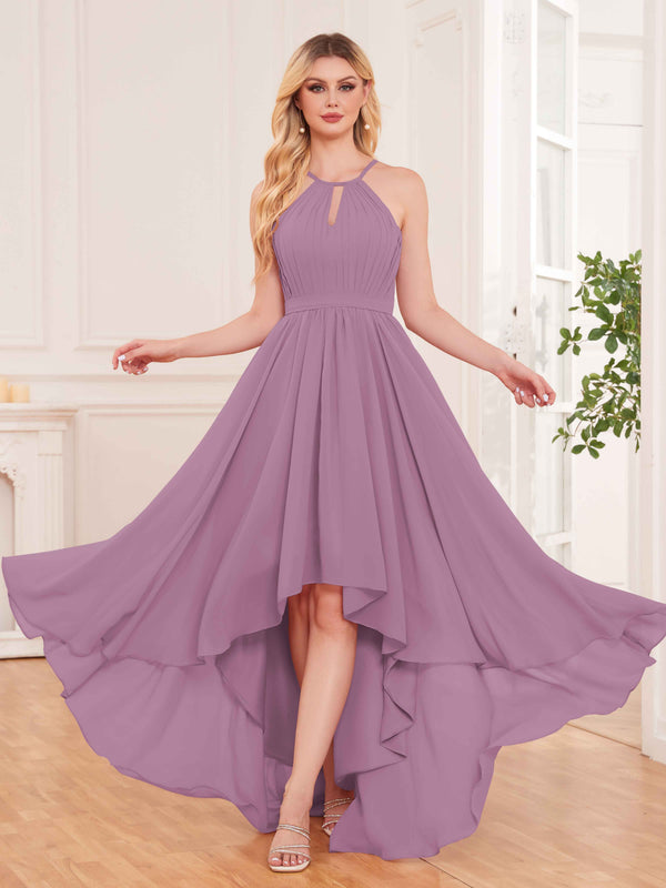 Dusty Purple Classy Halter Asymmetrical Bow Back Chiffon Bridesmaid Dresses