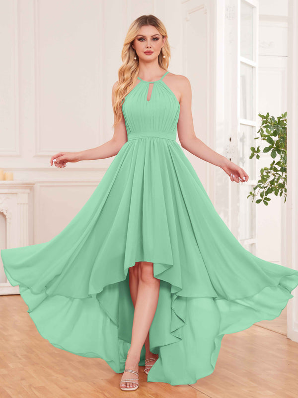 Mint Green Classy Halter Asymmetrical Bow Back Chiffon Bridesmaid Dresses
