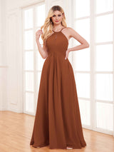 Classy Halter Floor Length Lace Up Chiffon Bridesmaid Dresses