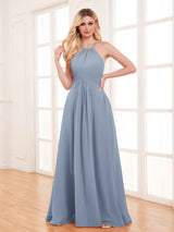 Classy Halter Floor Length Lace Up Chiffon Bridesmaid Dresses