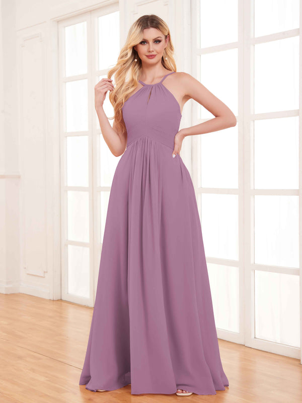 Dusty Purple Classy Halter Floor Length Lace Up Chiffon Bridesmaid Dresses