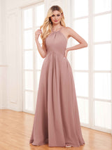 Classy Halter Floor Length Lace Up Chiffon Bridesmaid Dresses