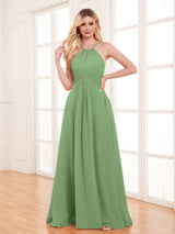 Classy Halter Floor Length Lace Up Chiffon Bridesmaid Dresses