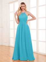 Classy Halter Floor Length Lace Up Chiffon Bridesmaid Dresses