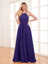 Classy Halter Floor Length Lace Up Chiffon Bridesmaid Dresses