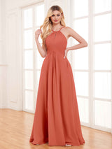 Classy Halter Floor Length Lace Up Chiffon Bridesmaid Dresses