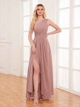 Classy One Shoulder Pleated Bridesmaid Dresses With Slit