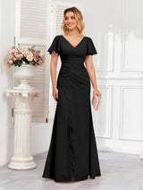 Classy Short Sleeves V-Neck Lace Up Chiffon Bridesmaid Dresses