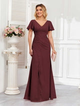 Classy Short Sleeves V-Neck Lace Up Chiffon Bridesmaid Dresses