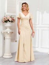 Classy Short Sleeves V-Neck Lace Up Chiffon Bridesmaid Dresses