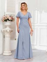 Classy Short Sleeves V-Neck Lace Up Chiffon Bridesmaid Dresses