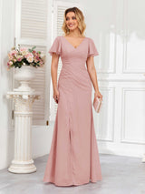 Classy Short Sleeves V-Neck Lace Up Chiffon Bridesmaid Dresses