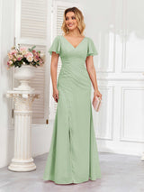 Classy Short Sleeves V-Neck Lace Up Chiffon Bridesmaid Dresses