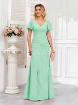 Classy Short Sleeves V-Neck Lace Up Chiffon Bridesmaid Dresses