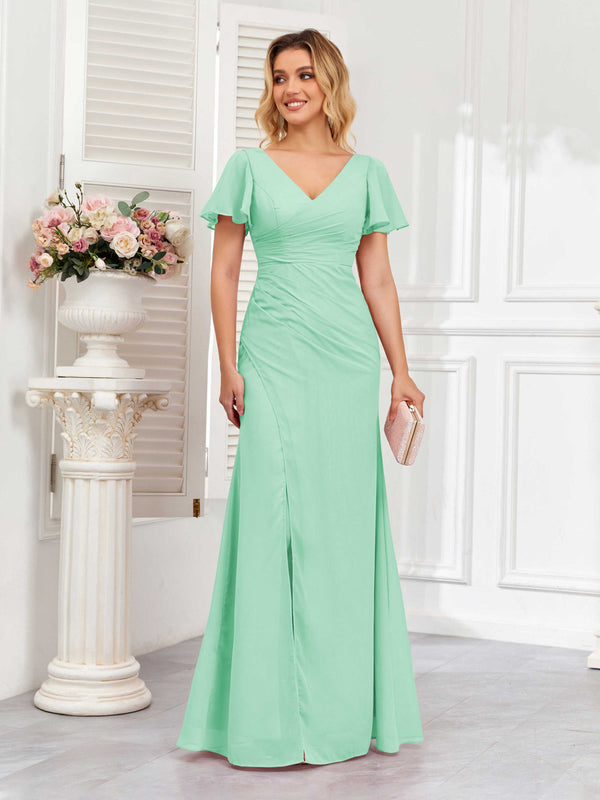 Mint Green Classy Short Sleeves V-Neck Lace Up Chiffon Bridesmaid Dresses