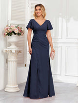 Classy Short Sleeves V-Neck Lace Up Chiffon Bridesmaid Dresses