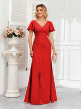 Classy Short Sleeves V-Neck Lace Up Chiffon Bridesmaid Dresses