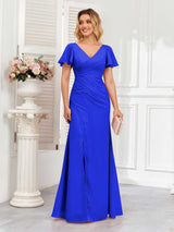 Classy Short Sleeves V-Neck Lace Up Chiffon Bridesmaid Dresses