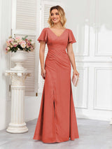 Classy Short Sleeves V-Neck Lace Up Chiffon Bridesmaid Dresses