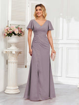 Classy Short Sleeves V-Neck Lace Up Chiffon Bridesmaid Dresses