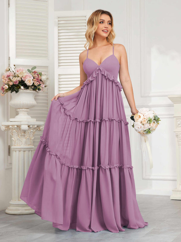 Dusty Purple Classy Spaghetti Straps Ruched Floor Length Chiffon Bridesmaid Dresses