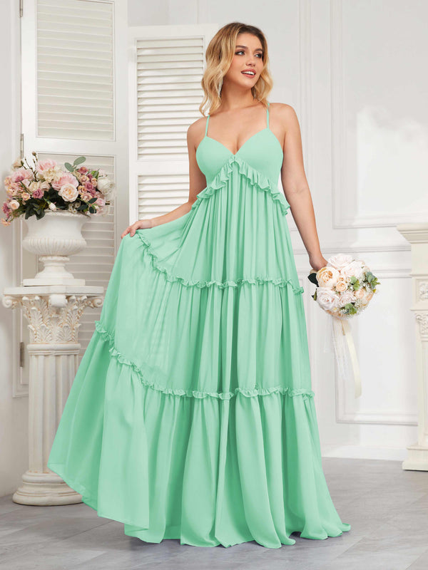 Mint Green Classy Spaghetti Straps Ruched Floor Length Chiffon Bridesmaid Dresses