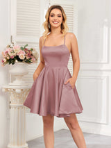 Classy Spaghetti Straps Ruched Open Back Mini Satin Homecoming Dresses