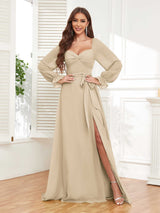 Classy Sweetheart Long Sleeves Belt Chiffon Bridesmaid Dresses