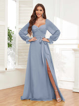 Classy Sweetheart Long Sleeves Belt Chiffon Bridesmaid Dresses