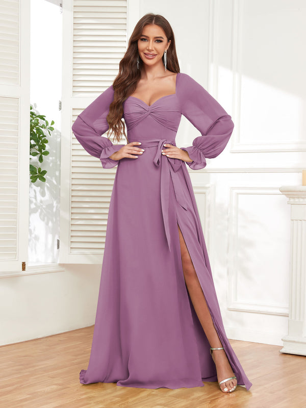Dusty Purple Classy Sweetheart Long Sleeves Belt Chiffon Bridesmaid Dresses
