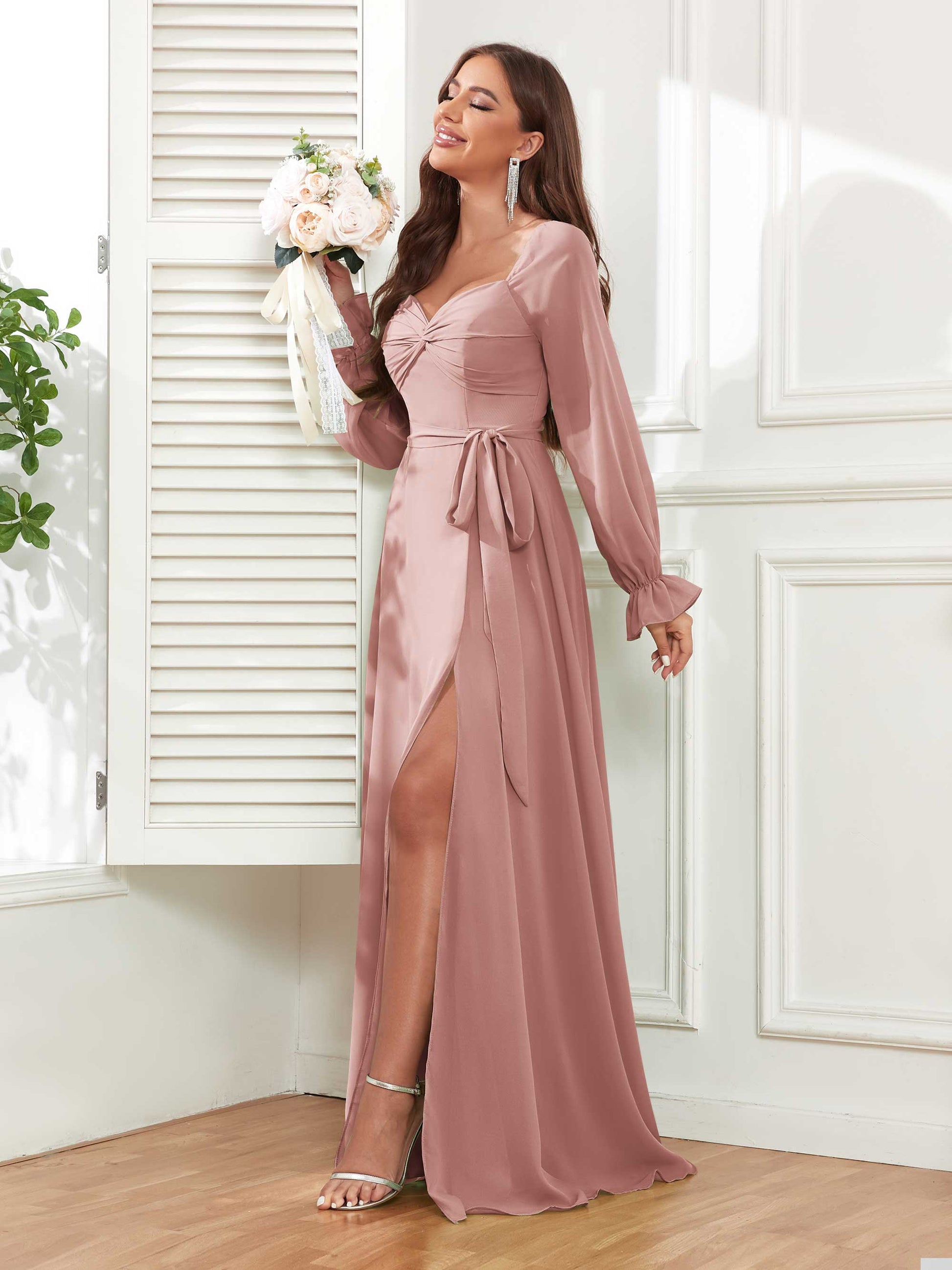 Classy Sweetheart Long Sleeves Belt Chiffon Bridesmaid Dresses mollyevers.com Classy Sweetheart Long Sleeves Belt Chiffon Bridesmaid Dresses mollyevers.com