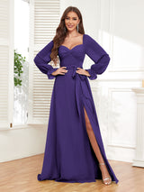 Classy Sweetheart Long Sleeves Belt Chiffon Bridesmaid Dresses