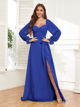 Classy Sweetheart Long Sleeves Belt Chiffon Bridesmaid Dresses