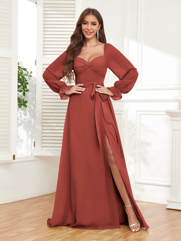 Rust Classy Sweetheart Long Sleeves Belt Chiffon Bridesmaid Dresses