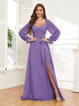Classy Sweetheart Long Sleeves Belt Chiffon Bridesmaid Dresses