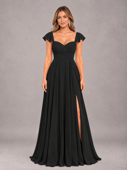 Black Classy Sweetheart Pleated Chiffon Bridesmaid Dress With Pockets