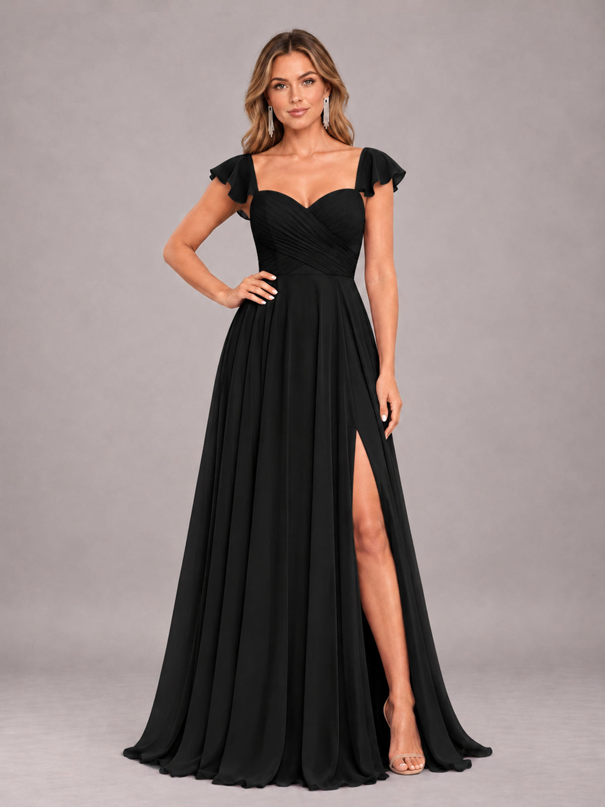 Black Classy Sweetheart Pleated Chiffon Bridesmaid Dress With Pockets