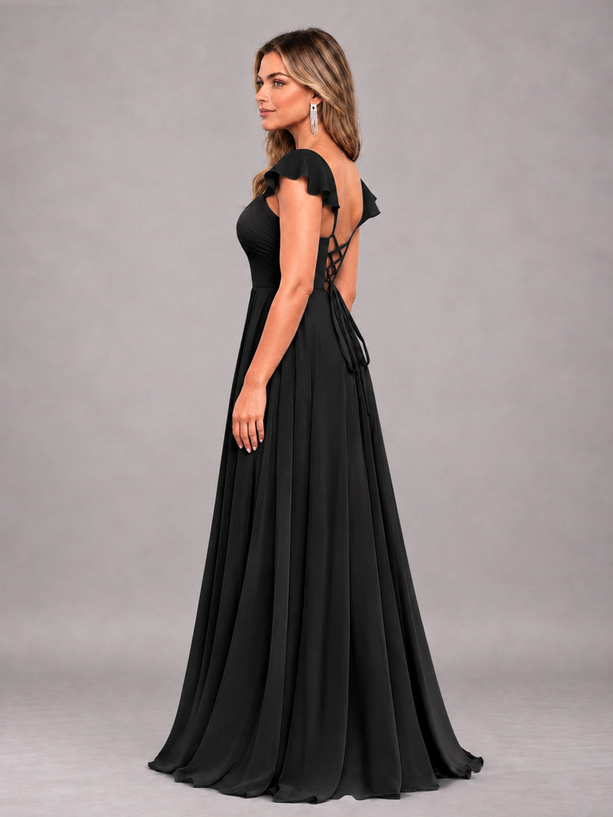 Black Classy Sweetheart Pleated Chiffon Bridesmaid Dress With Pockets