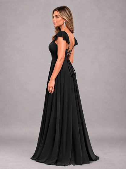 Black Classy Sweetheart Pleated Chiffon Bridesmaid Dress With Pockets