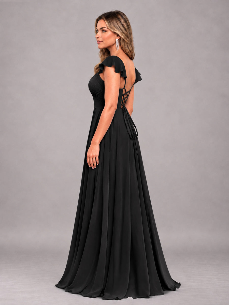 Black Classy Sweetheart Pleated Chiffon Bridesmaid Dress With Pockets