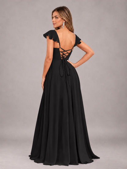 Black Classy Sweetheart Pleated Chiffon Bridesmaid Dress With Pockets