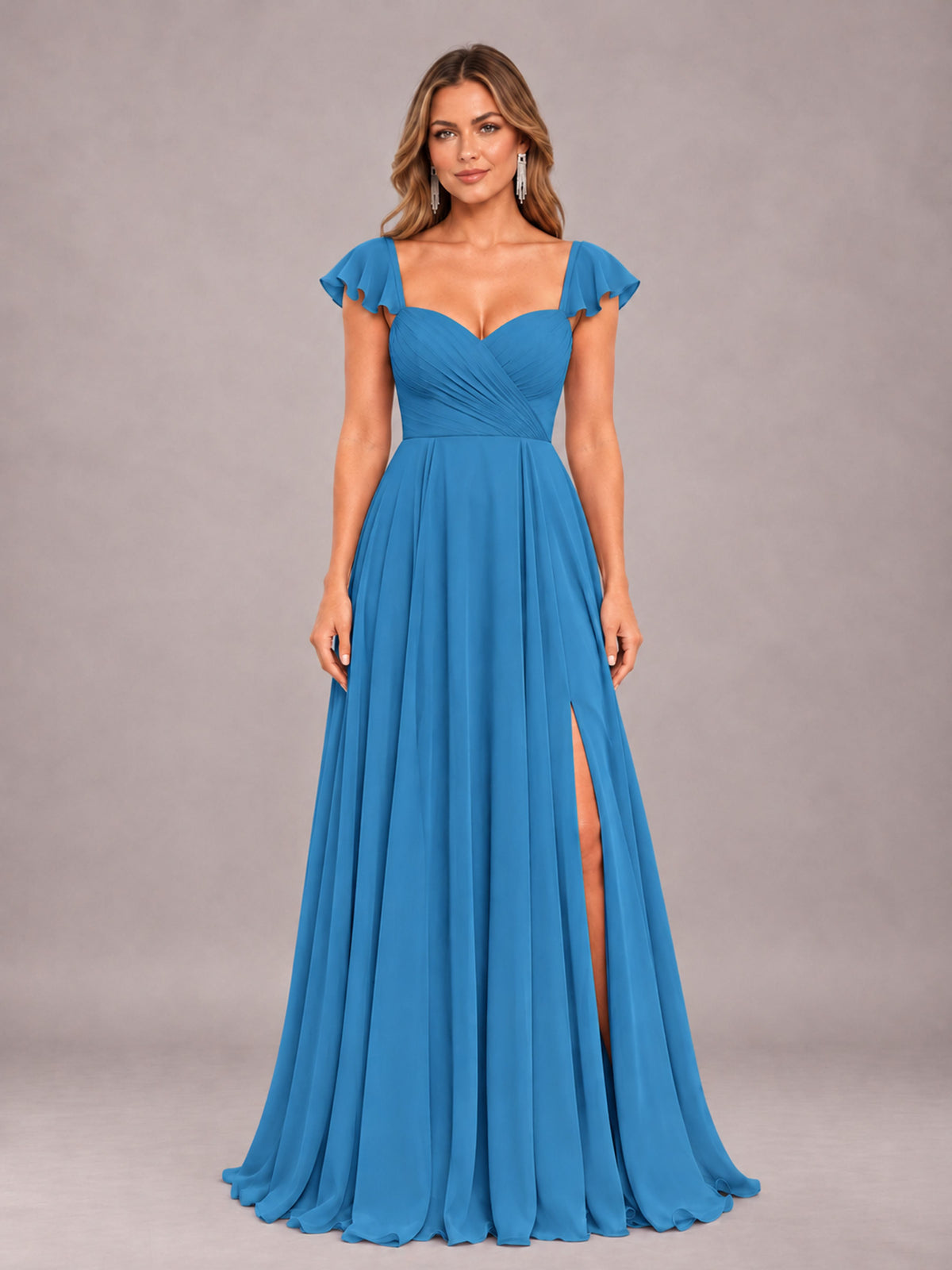 Blue Classy Sweetheart Pleated Chiffon Bridesmaid Dress With Pockets