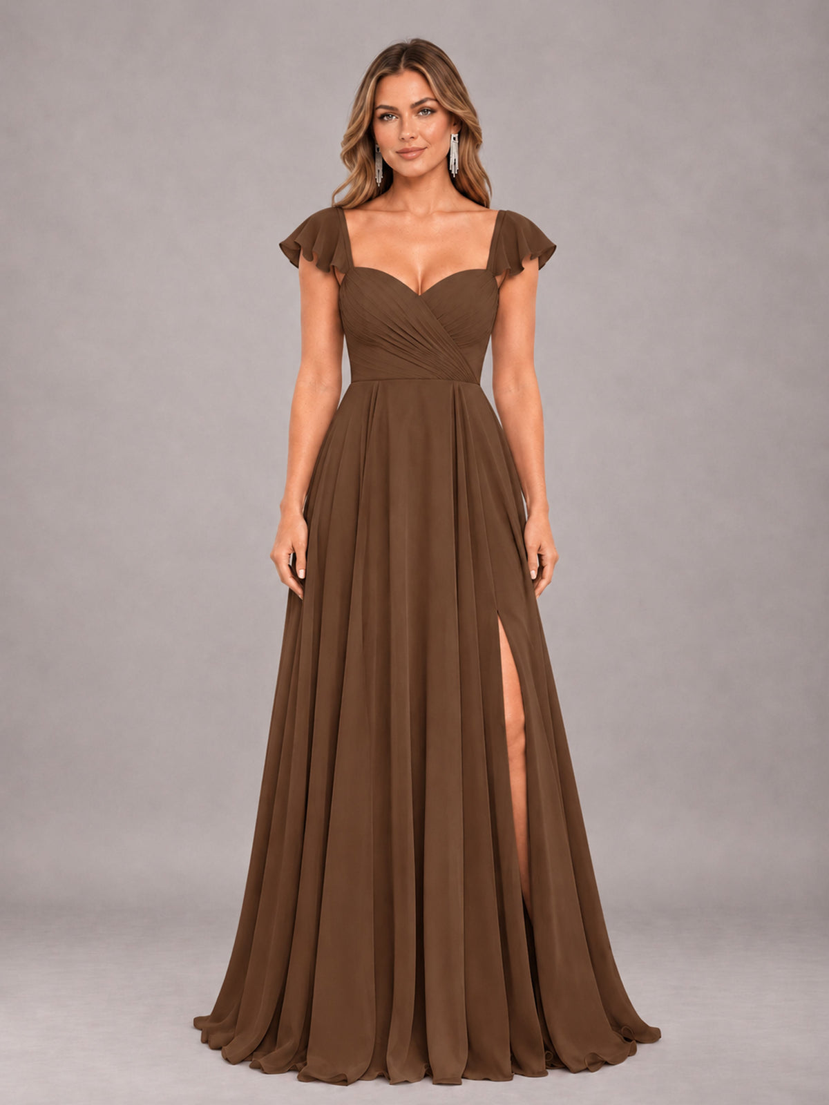 Brown Classy Sweetheart Pleated Chiffon Bridesmaid Dress With Pockets