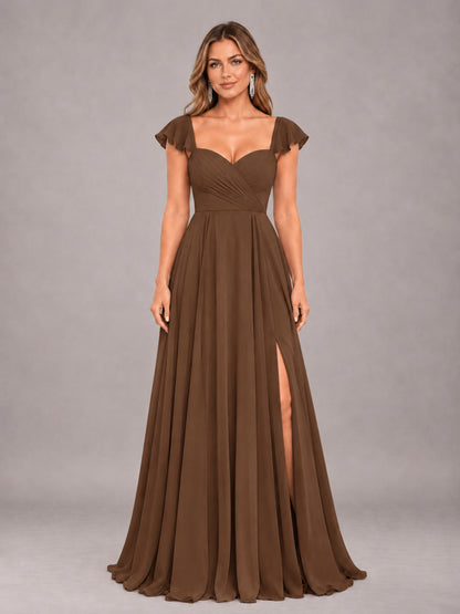 Brown Classy Sweetheart Pleated Chiffon Bridesmaid Dress With Pockets