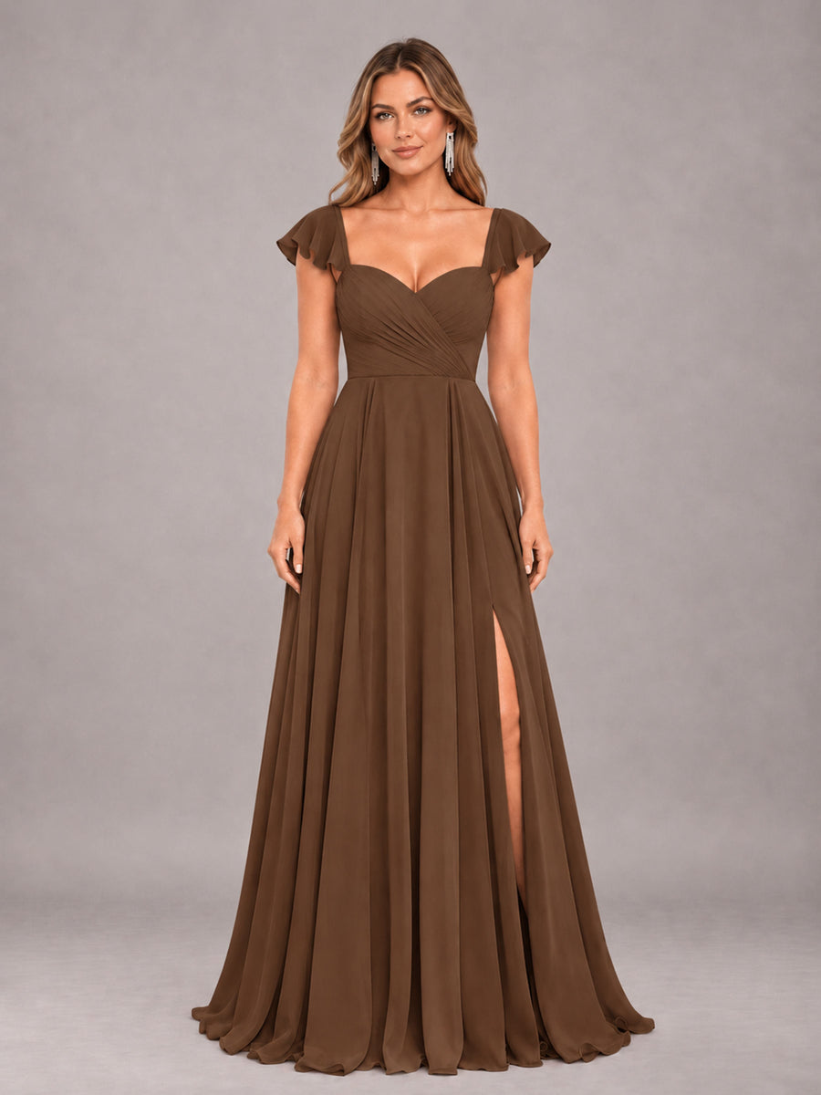 Brown Classy Sweetheart Pleated Chiffon Bridesmaid Dress With Pockets