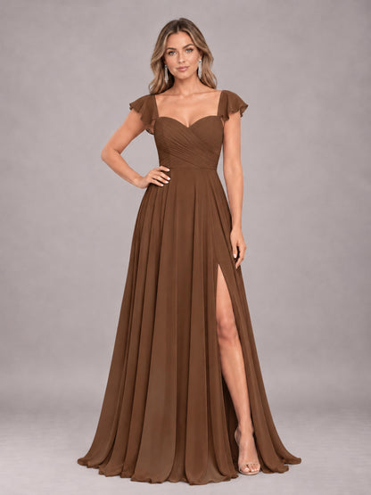 Brown Classy Sweetheart Pleated Chiffon Bridesmaid Dress With Pockets