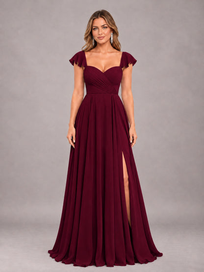 Burgundy Classy Sweetheart Pleated Chiffon Bridesmaid Dress With Pockets