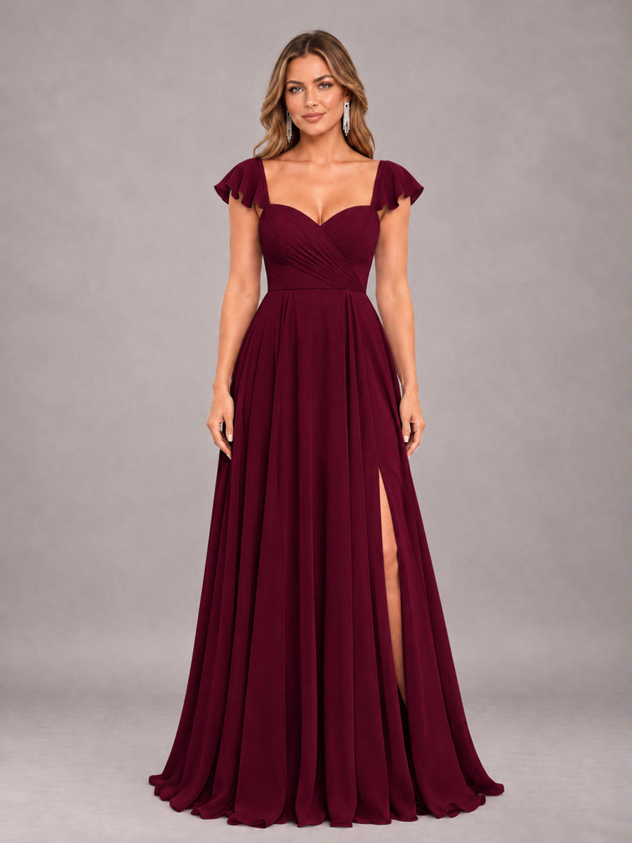 Burgundy Classy Sweetheart Pleated Chiffon Bridesmaid Dress With Pockets