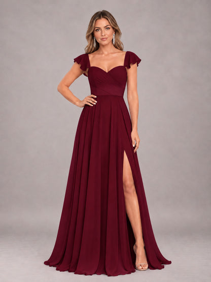 Burgundy Classy Sweetheart Pleated Chiffon Bridesmaid Dress With Pockets