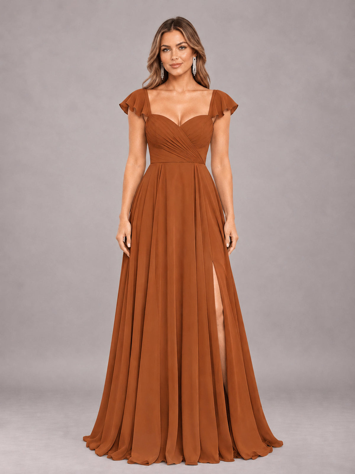 Burnt Orange Classy Sweetheart Pleated Chiffon Bridesmaid Dress With Pockets